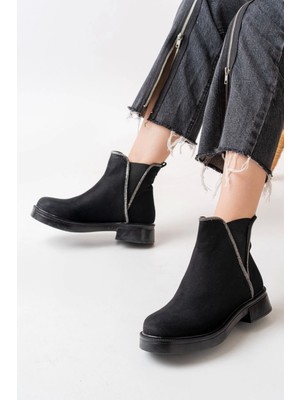 02-02 Siyah Süet Taş Aksesuarlı Lastikli Günlük Kadın Bot