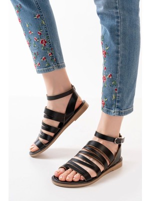 205-041 Siyah Ortopedik Hakiki Deri Kadın Sandalet