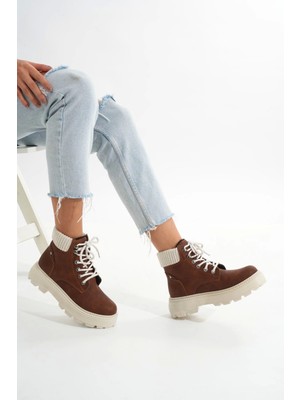 LMÇ-2045 Kahverengi Süet Bağcıklı Kalın Taban Kadın Günlük Bot