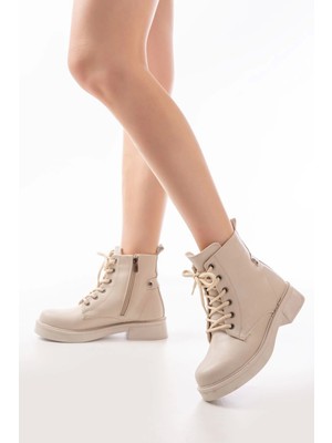 02-356 Bej Galata Düz Topuklu Bağcıklı Fermuarlı Günlük Kadın Bot