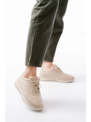 K-504 Bej Bağcıklı Desenli Günlük Spor Ayakkabı