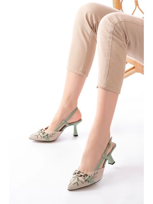 K-250 Fıstık Yeşili Keten Günlük Arkası Açık Tokalı Topuklu Kadın Ayakkabı