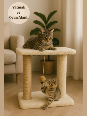 Peluş Dokulu 44 cm Kedi Tırmalama Tahtası | Oturaklı ve Yatma Yüzeyli, Ponponlu Oyun Alanı, Yumuşak Doku ve Tırmalamaya Dayanıklı Tasarım | Soft ve Sevilen Renk Seçenekleriyle