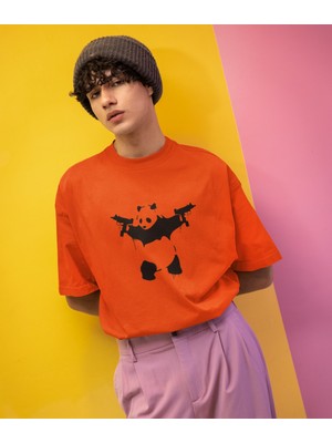 Terzili Giyin Silahlı Panda Baskılı Oversize Erkek Tişört