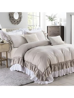 Tek Kişilik Taş ve Beyaz Fırfırlı Pamuk Saten Nevresim Takımı