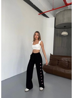 Passense Osy Modal Yumuşak Dokulu Kumaş Nakış Işlemeli Rahat Bol Paça Eşofman Pantalon - Siyah