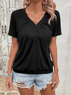 Alinn Butikk Kadın Kısa Kollu V Yakalı Büzgü Detaylı Viskon Bluz