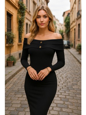 AKN Butik Kadın Madonna Yaka Düğme Detay Fırsat Ürün Midi Boy Elbise