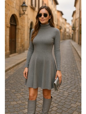 Passense Kadın Uzun Kollu Balıkçı Yaka Salaş Kusa Akrilik Elbise