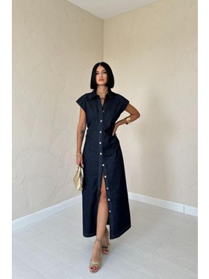 Aisha Elbise Mavi Kolsuz Vatkalı Elbise