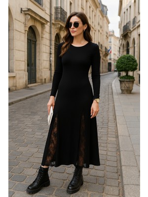 Ag Shoppings Kadın Uzun Kollu Bisiklet Yaka Sırt Dekolteli Dantel Yırtmaçlı Uzun Krep Elbise