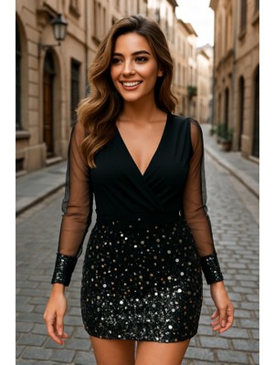 AKN Butik Kadın Uzun Kollu V Yakalı Üst Krep Alt Payet Kısa Elbise