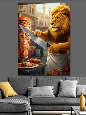 Tablomega Aslan Dönerin Başında Usta Dekoratif Kanvas - Mdf Ahşap Tablo