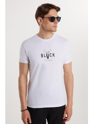 Erkek Slim Fit Dar Kesim %100 Pamuk Yumuşak Dokulu Baskılı Beyaz Bisiklet Yaka Tişört