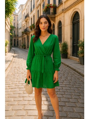 Ag Shoppings Kadın Fırsat Ürünü Kruvaze Yaka Güpürlü Mini Elbise