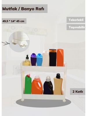 Tekerlekli Raf 2 Katlı Dar Yer Organizeri Beyaz