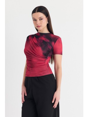 Bordo Desenli Büzgülü Sandy Bluz 12303