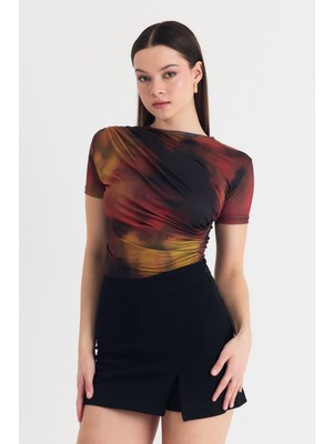 Kahve Desenli Büzgülü Sandy Bluz 12303