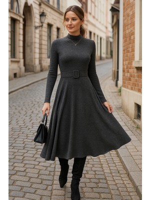 Ag Shoppings Kadın Uzun Kollu Balıkçı Yaka Kemer Detaylı Yumoş Midi Elbise