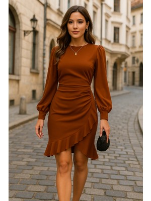 AKN Butik Kadın Uzun Kollu Bisiklet Yaka Önden Volanlı Ithal Krep Elbise