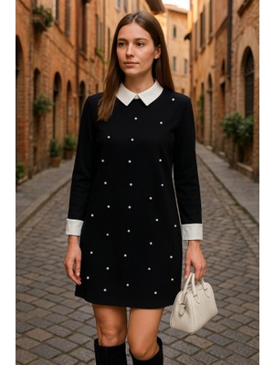 Aknbutik Kadın Uzun Kollu Yakalı Incili Ithal Krep Elbise