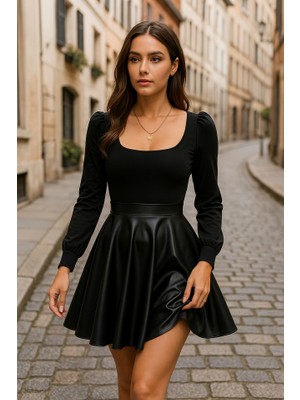 AKN Butik Kadın Uzun Kollu Üst Viskon Alt Kloş Deri Elbise