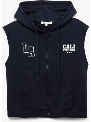 Koton Fermuarlı Arkası Baskılı Cep Detaylı Kapüşonlu Kolsuz Sweatshirt