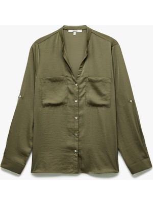 Koton Aerobin Kumaş Cepli Katlanabilir Kol Detaylı Mandarin Yaka Saten Gömlek