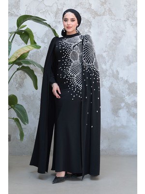 Kolları Pelerinli Siyah Tesettür Abiye Elbise 51671S