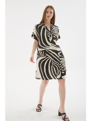 Viskon Elbise Siyah Desenli