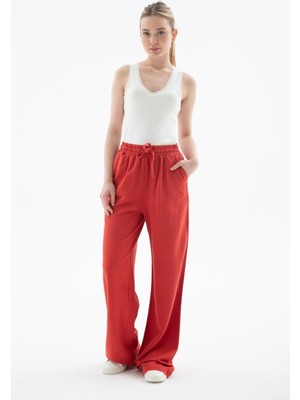 Yüksel Bel Geniş Paça Keten Pantolon Kiremit