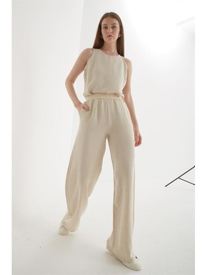 Beli Lastikli Geniş Paça Keten Pantolon Natural