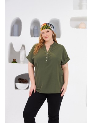 Fiyonk Düğme Detaylı Büyük Beden Bluz Haki