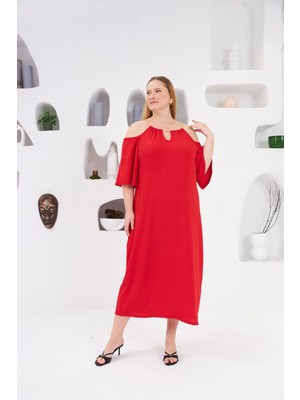 Yaka Zincirli Büyük Beden Günlük Elbise Kırmızı