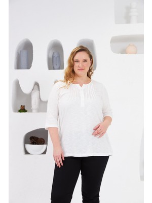 Yaka Nervürlü Büyük Beden Bluz Ekru