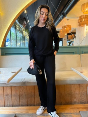 AYDOGANTICARET44 Kadın Uzun Kollu Bisiklet Yaka Viskon Iki Iplik Bluz ve Pantolon Ikili Takım