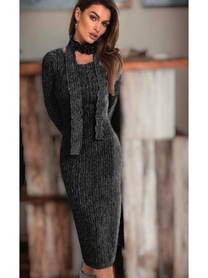 AYDOGANTICARET44 Kadın Eskitme Detay Fular Dahil Fırsat Ürün Midi Boy Elbise