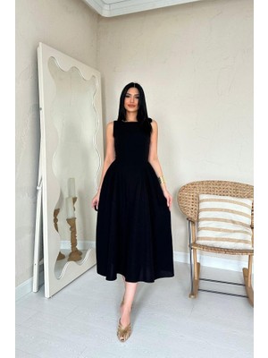 La Mode Istanbul Siyah Yanları Büzgülü Midi Boy Keten Elbise