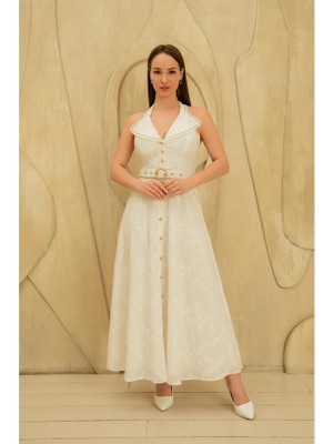 Passense Beyaz Inci Kemer Detaylı Dantelli Elbise