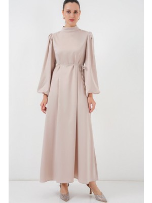 La Mode Istanbul 2510 Saten Tesettür Abiye Elbise - M. Krem