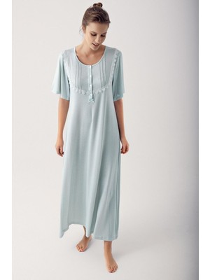 Puantiyeli Düğmeli Kısa Kol Likralı Uzun Viskoz Gecelik 14118