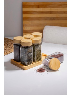 Mcreative Doğal Bambu Kapaklı 6'lı Cam Baharatlık Seti Vakumlu Kapak ve Ahşap Stand