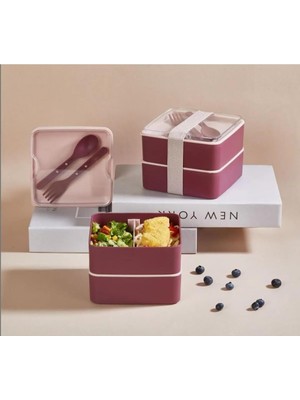 Mcreative Store Beslenme Kutusu Yemek Kutusu 2 Kat Kaşık ve Çatal Dahil Plastik Sefer Tası