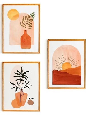 Handmade 3 Parça Ahşap Çerçeve Görünümlü Güneş Duvar Dekoru - Salon Oturma Yatak Odası Mutfak Için Tablo Seti Tek Ebat Renkli