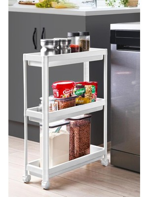 Mcreative Life 3 Katlı Tekerlekli Slim Ince Beyaz Banyo Mutfak Rafı MIT1125