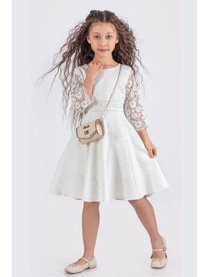 Çiçek Dantel Nakışlı Kloş Etekli Uzun Kollu Kız Çocuk Elbisesi - Ekru