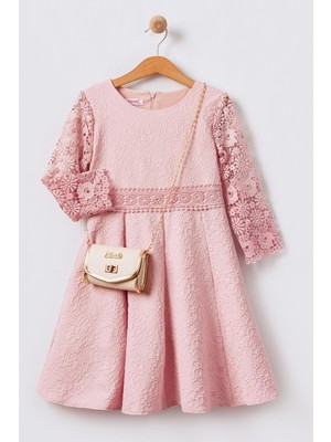 Çiçek Dantel Nakışlı Kloş Etekli Uzun Kollu Kız Çocuk Elbisesi - Pudra