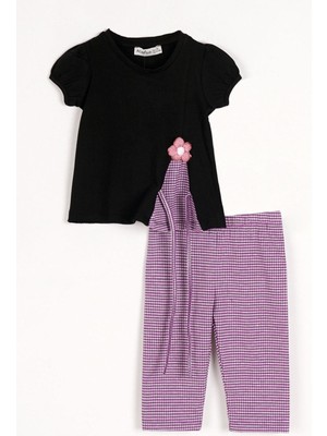  Kısa Kol Çiçek Işlemeli Renkli Kurdale Detaylı Mor Renk Kız Çocuk Taytlı Takım