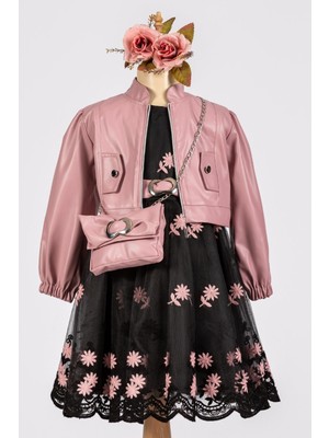 Pembe Deri Çeketli Çantalı Siyah Kız Çocuk Abiye Elbise