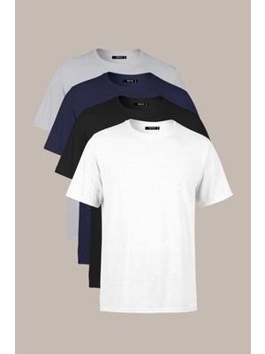 Mmetalic Erkek Çok Renkli %100 Pamuk T- Shirt Regular Fit Rahat Kesim Bisiklet Yaka 4'lü Basic Tişört Paketi